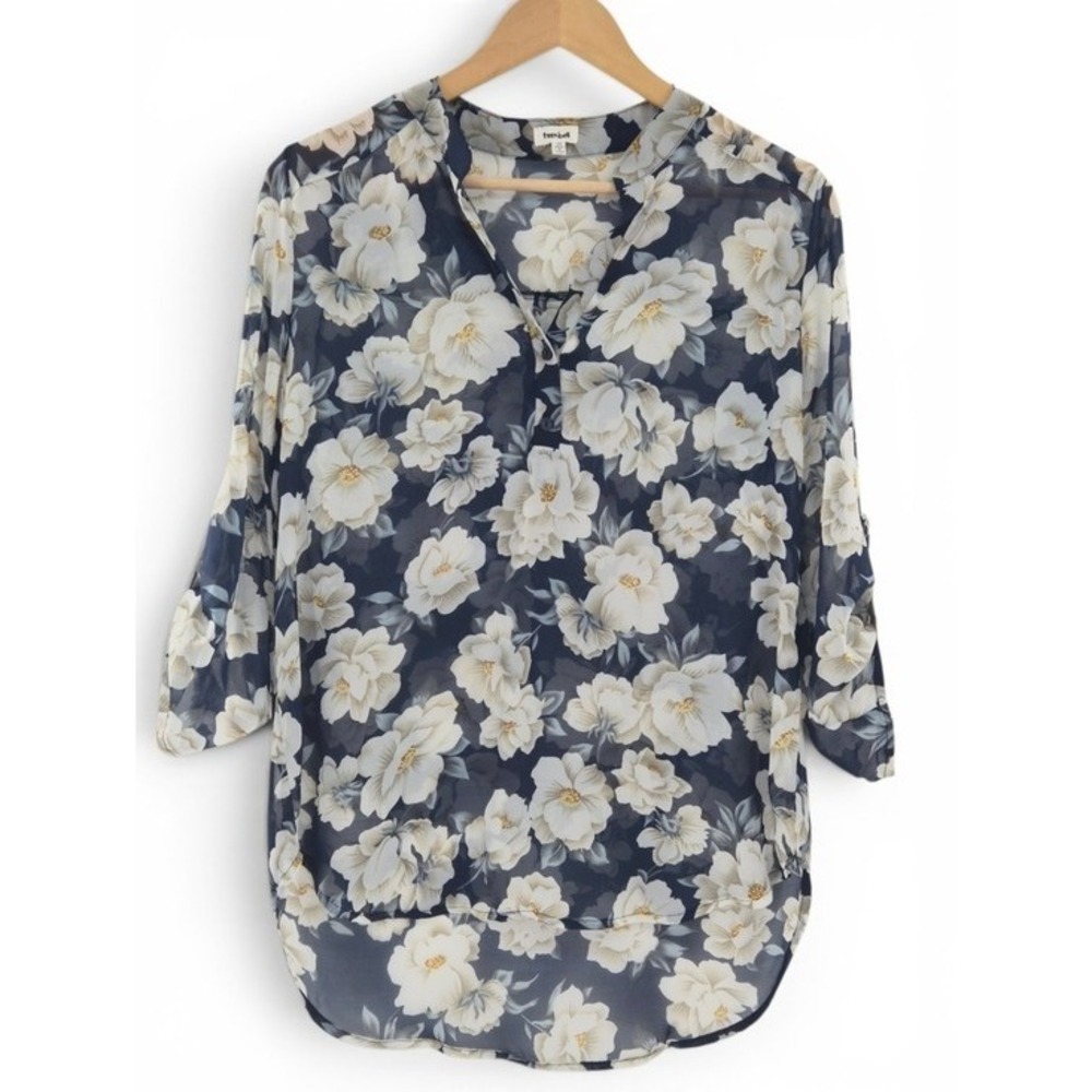 Navy Ivory Floral Sheer Tunic Blouse M 3/4 Roll-Tab Sleeve High-Low Cottagecore